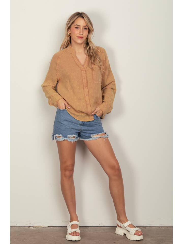 VERY J - Wholesale Button Down Shirt - Women's - NT11350-Oversized Washed Woven Crinkled Gauze Shirt Top17