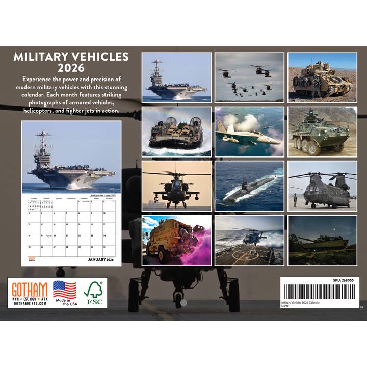 Multicolore Calendrier Militaire 2026 Véhicules Armée Marine Calendrier Mural Mensuel 12 Mois | Fabriqué aux États-Unis en vente sur Faire1