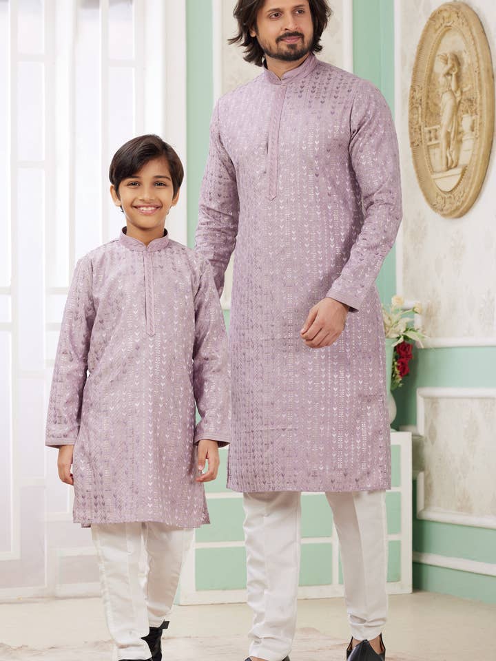 Purple Art Silk Father Son Matching Combo Indo Western Traditional Sherwani Long Kurta & Pajama Suit for Wedding - Embroidery Work for wholesale by HATKE BRIDE