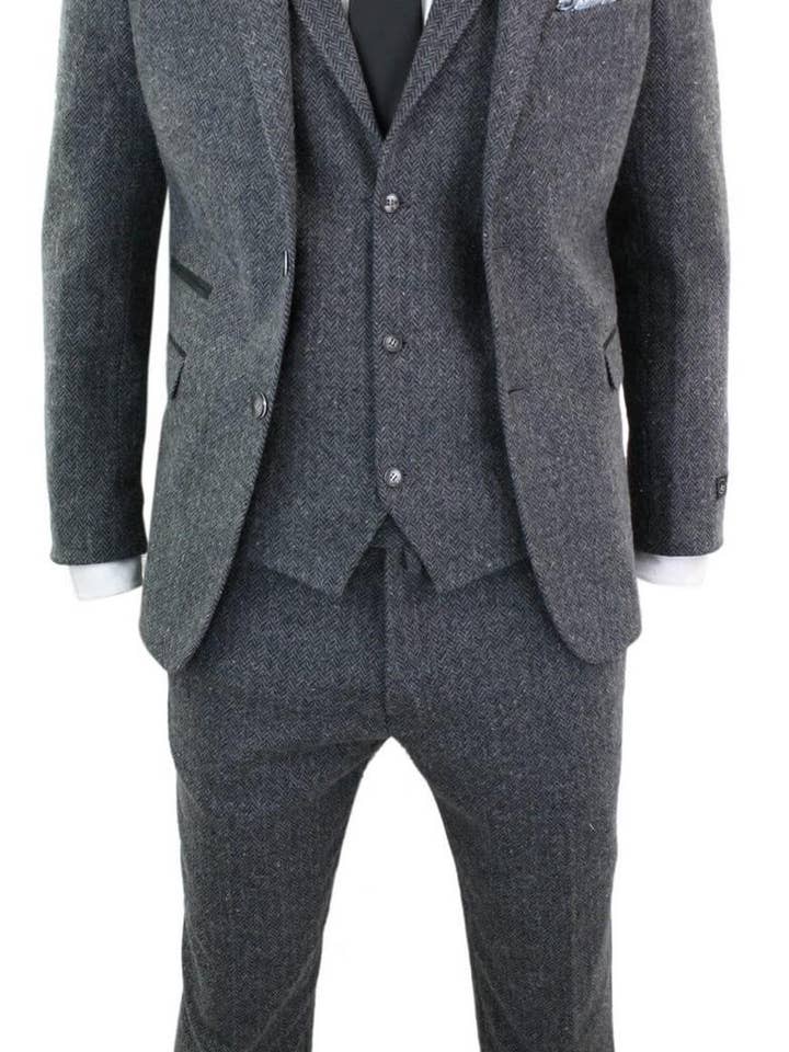 Men's 3 Piece Charcoal Grey Herringbone Tweed Suit for wholesale on Faire