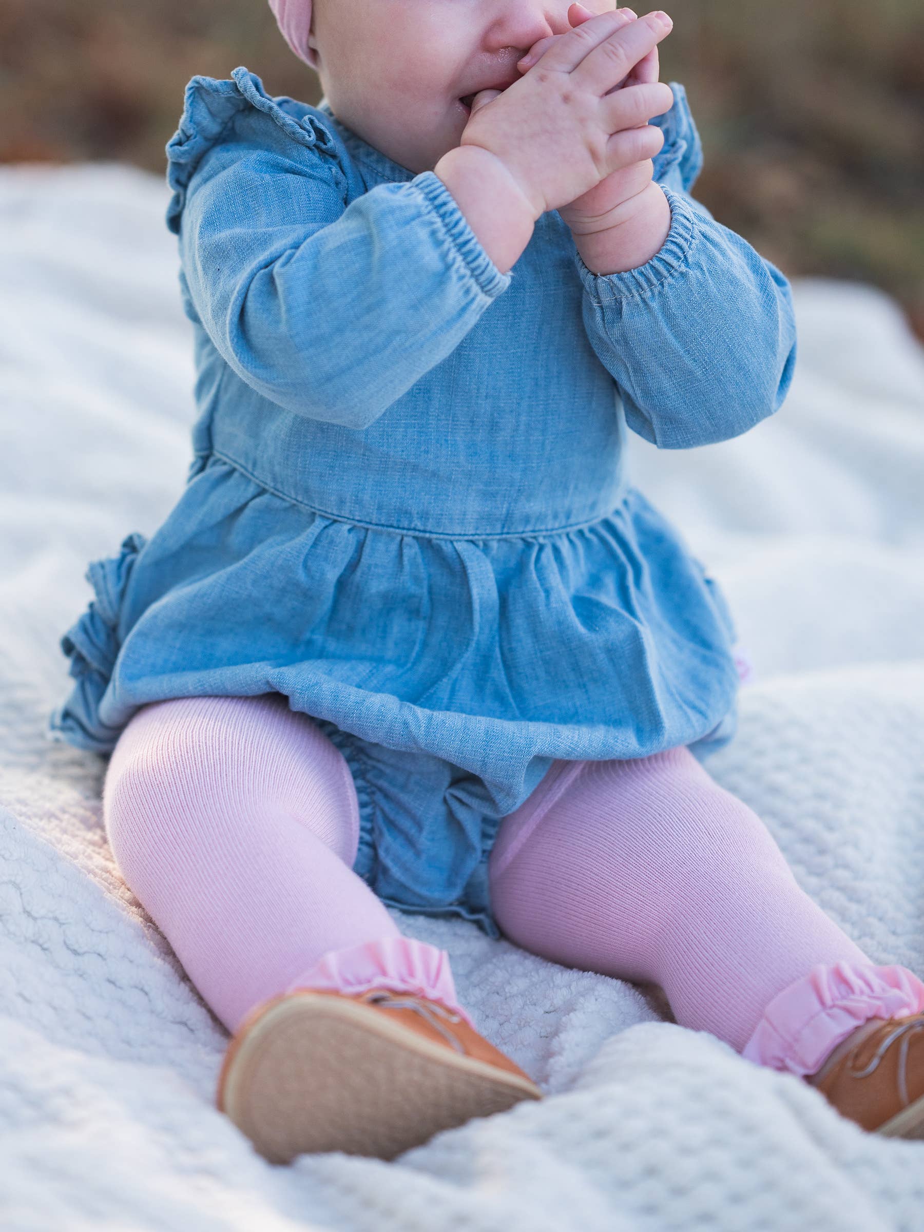 Blue Baby Girls Light Wash Denim Long Sleeve Flutter Bubble Romper for wholesale on Faire1