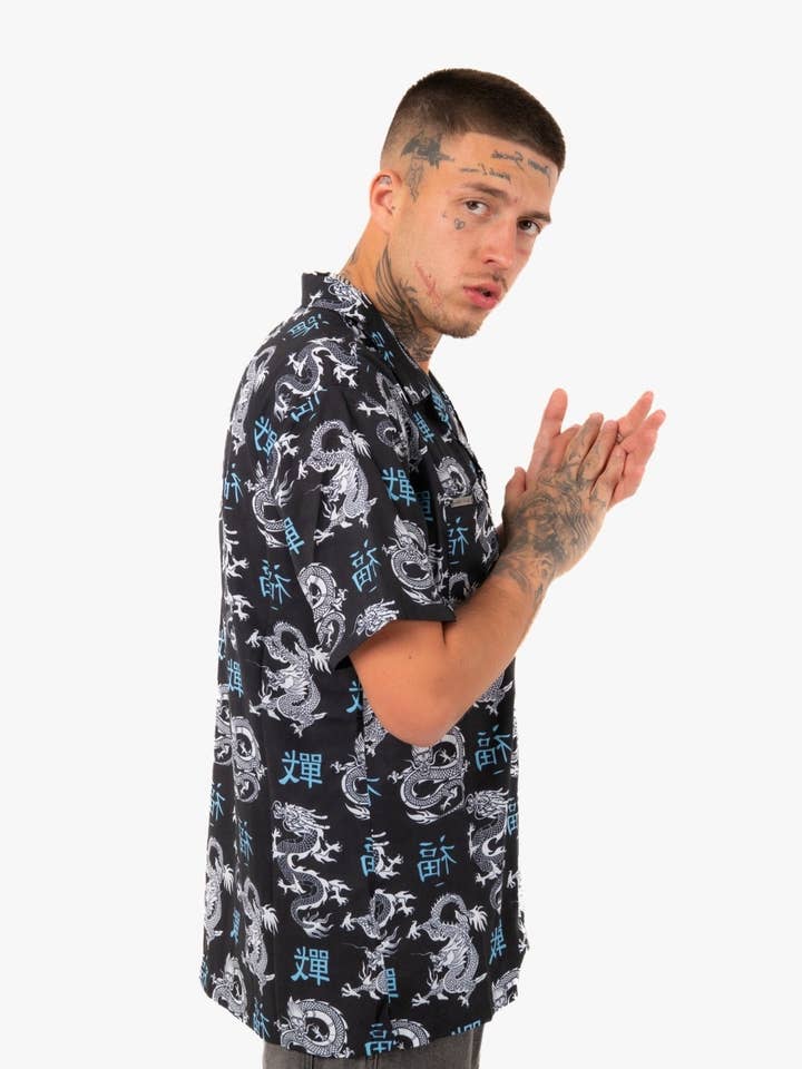 All-Over Dragon Print Short Sleeve Black Shirt for wholesale by LIQUOR N POKER