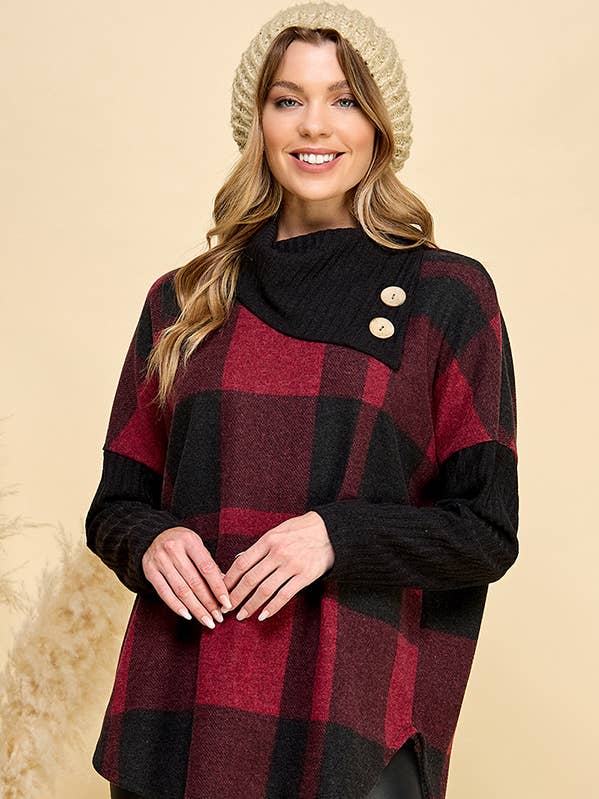 Chris & Carol Apparel - Wholesale Tunic Sweater - Women's - 211308T-PLAID COWL NECK BUTTON SWEATER