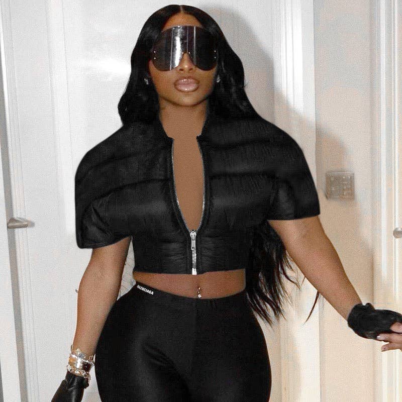 BLACK Every Fashion Short Sleeve Cropped Puffer Jacket 300 for wholesale on Faire1