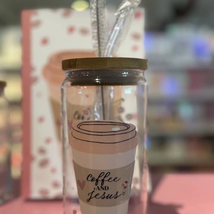 Kaffe og Jesus klar Libbey glasdåse med bambuslåg 16 for engroshandel hos Que Linda Stationery Shop