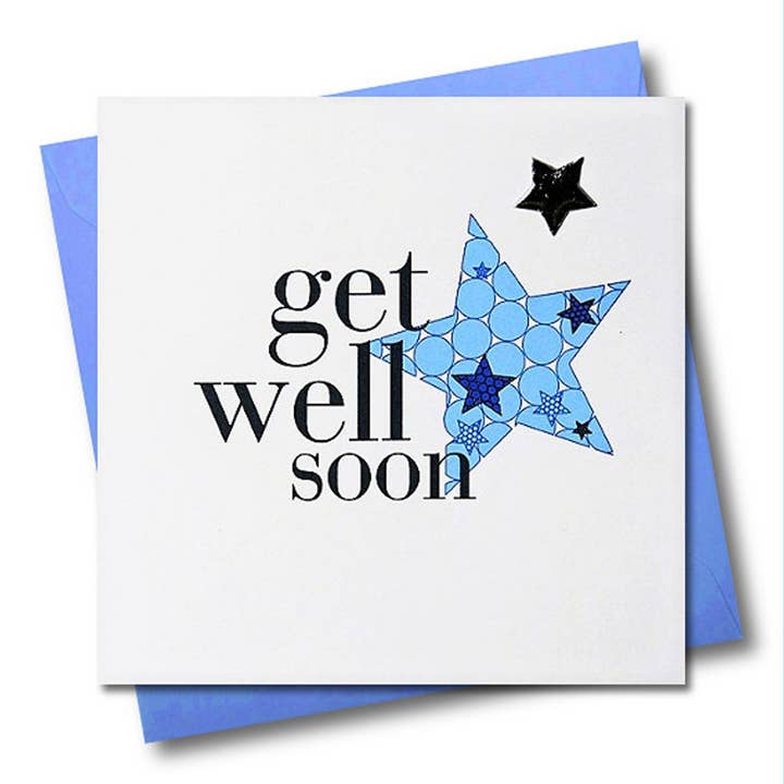 Get Well Card, Blue Star, Get Well Soon, Embellished with a shiny padded star for wholesale by Claire Giles Ltd