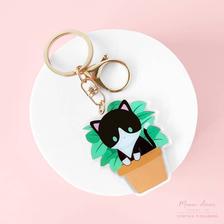 Plant Tuxedo Cat Acrylic Charm for wholesale by Meow Amor Creative