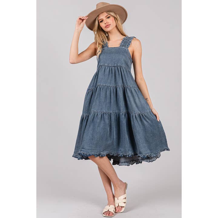TIERED RUFFLE STRAP DENIM MIDI DRESS (SD7841) for wholesale by Sage + Fig