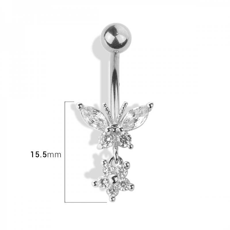 CRAVE - Wholesale Belly Ring - BUTTERFLY AND FLOWER DANGLE 316L SURGICAL STEEL NAVEL RING2