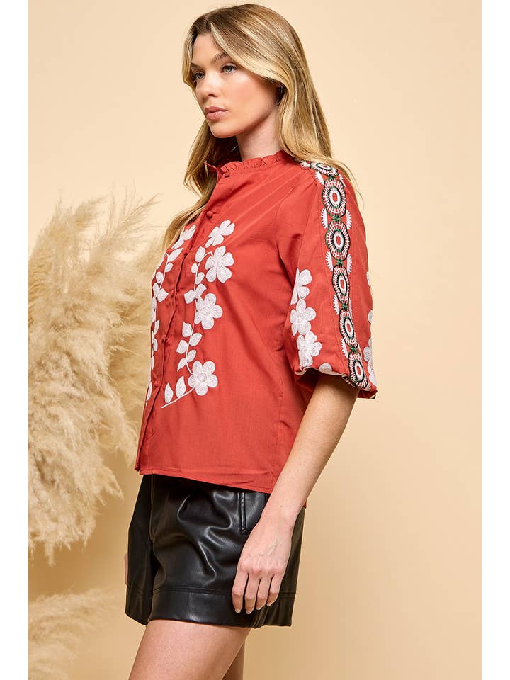 RUST Floral Embroidery Blouse for wholesale on Faire8