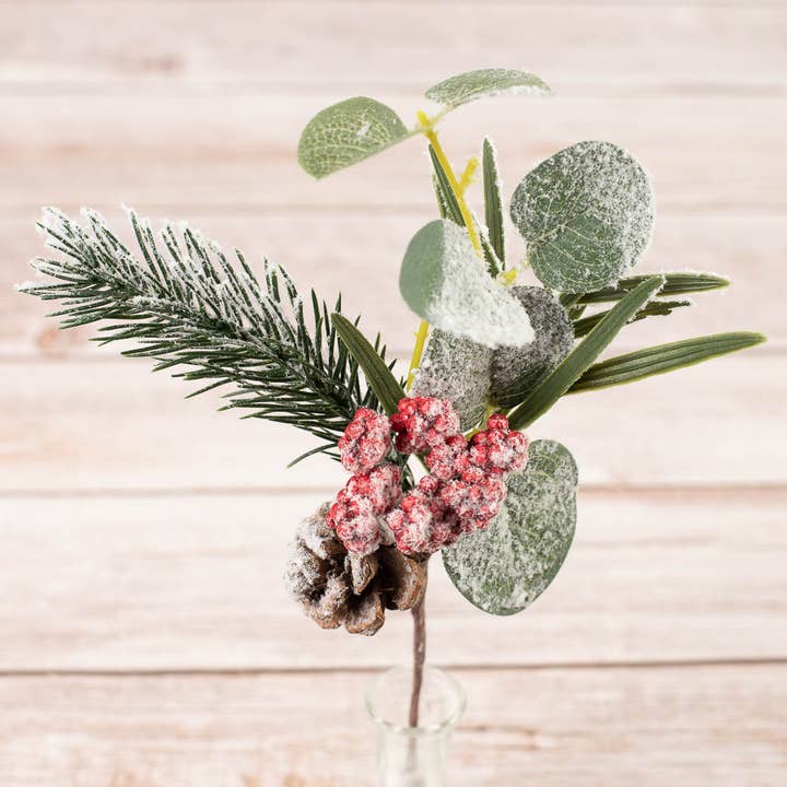 Factory Direct Craft - Wholesale Christmas Decoration - 10" Snowy Pinecone Berry Christmas Floral Pick