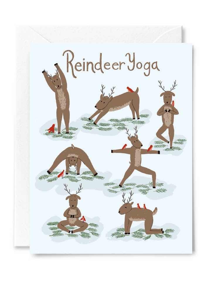 Biglietto di auguri natalizio con renne yoga per la vendita all'ingrosso da parte di Courtney Beyer Design