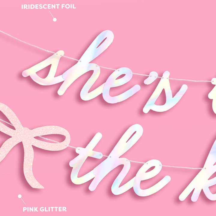 xo, Fetti - Wholesale Party Sign/Banner - She's Tying the Knot Banner - iridescent foil banner 4.5', Bride Bachelorette
