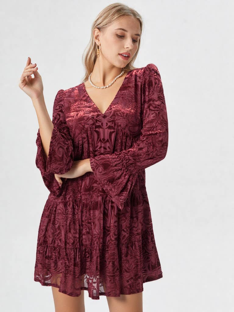 VERY J - Wholesale Dress - Women's - ND31023-Deep V-neck Jacquard Velvet Holiday Mini Dress8