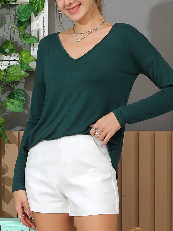 CWTTL1484_Casual V-Neck Loose Fit Long Sleeve Tops for wholesale by NINEXIS