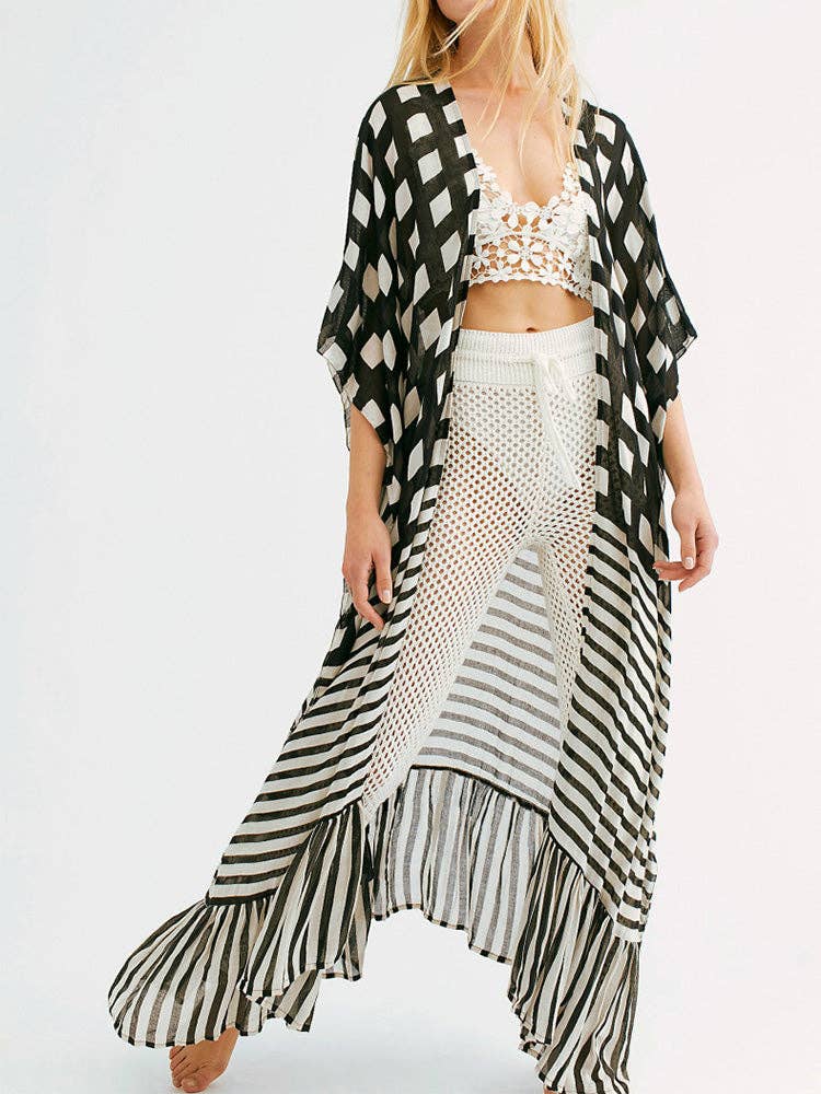 StyleGalX – wholesale Kimono - Dam – Tryckt svart färg chiffong lång klänning Kimono Duster Robe3