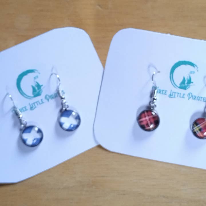 Scottish Saltire flag and Royal Stewart tartan drop earrings for wholesale by Three Little Pirates