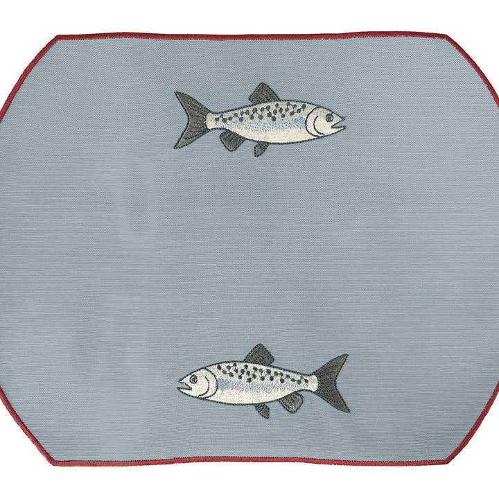 Embroidered Mackerel placemat in Denim Blue, Set of 4 for wholesale by JO & PA