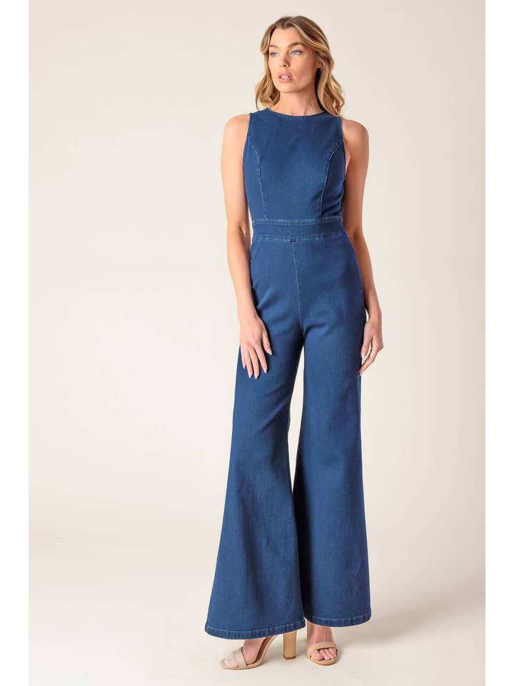 MEDIUM INDIGO A washed stretch denim jumpsuit - IP8725-A for wholesale on Faire