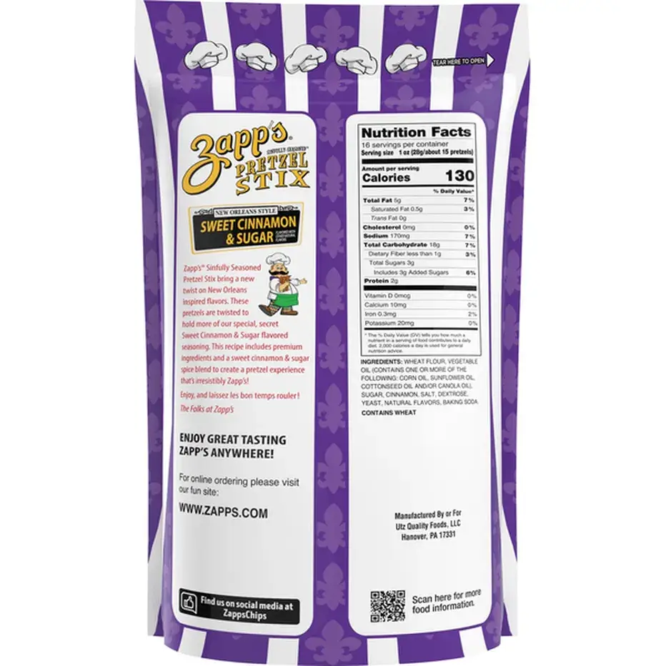 3D Enterprise - Wholesale Pretzels - Zapps Pretzels - Sweet Cinnamon & Sugar - (16oz.bags,10/box)1