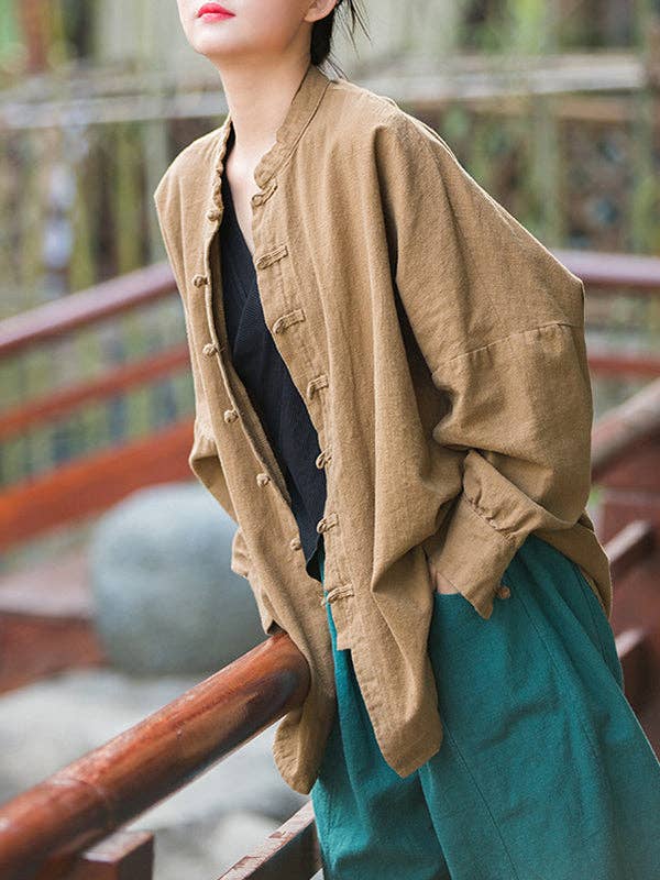 UZ Wholesale Store - Vente Chemise à col boutonné – femme - Blouses amples à manches chauve-souris chinoises à boutons grenouilles plissés de couleur unie et à col montant7