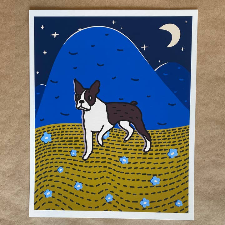 Boston Terrier At Night art print for wholesale by AnneArchy