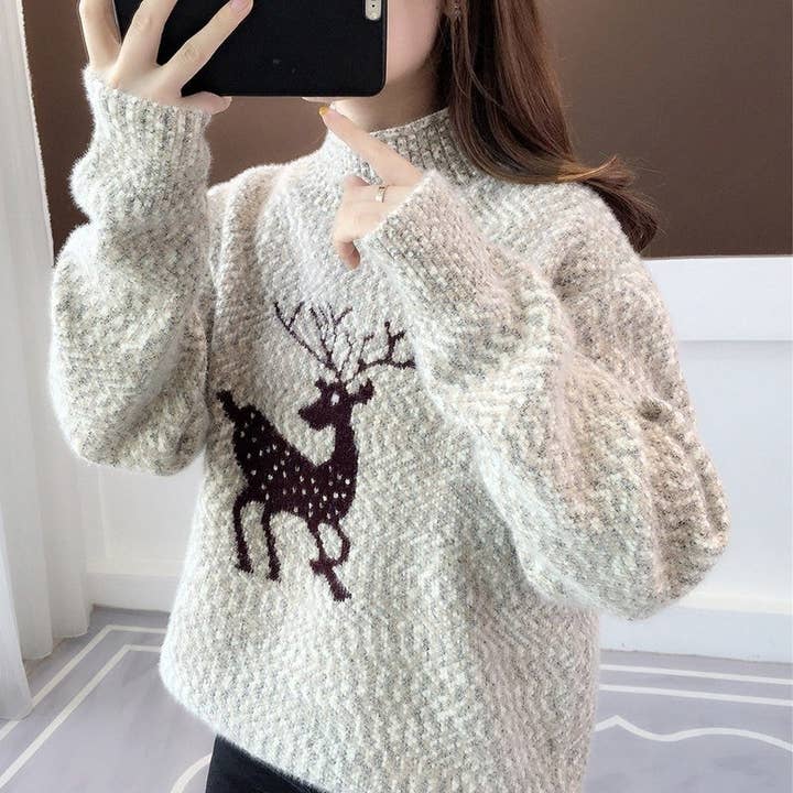 UZ Wholesale Store - Wholesale Knit Sweater - Women's - Fashion Reindeer Jacquard Casual Sweater3