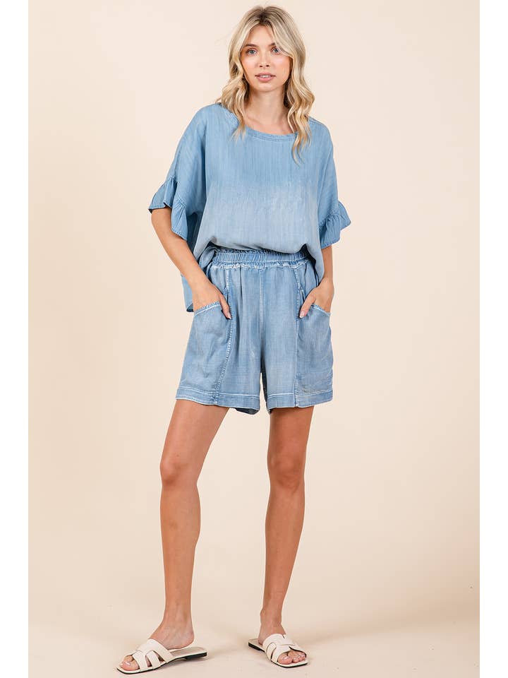 mittoshop - Wholesale Shorts - Women's - WASHED CHAMBRAY ELASTIC WAIST EASY FIT SHORTS