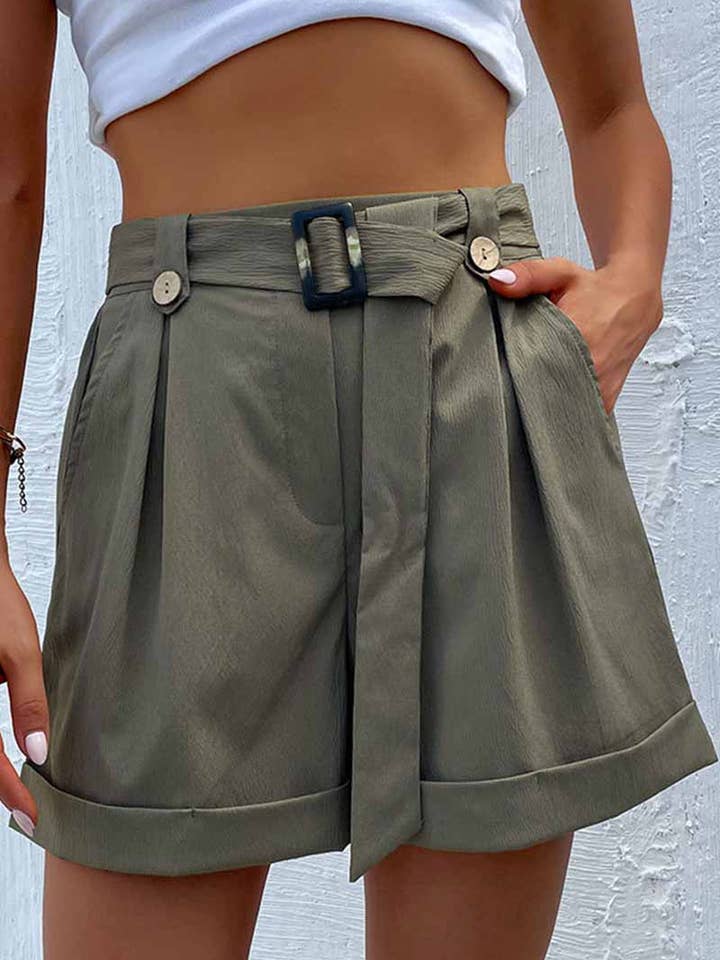 ARMYGREEN CWBSP0117_HIGH WAIST BELTED POCKET SHORT PANTS for wholesale on Faire4