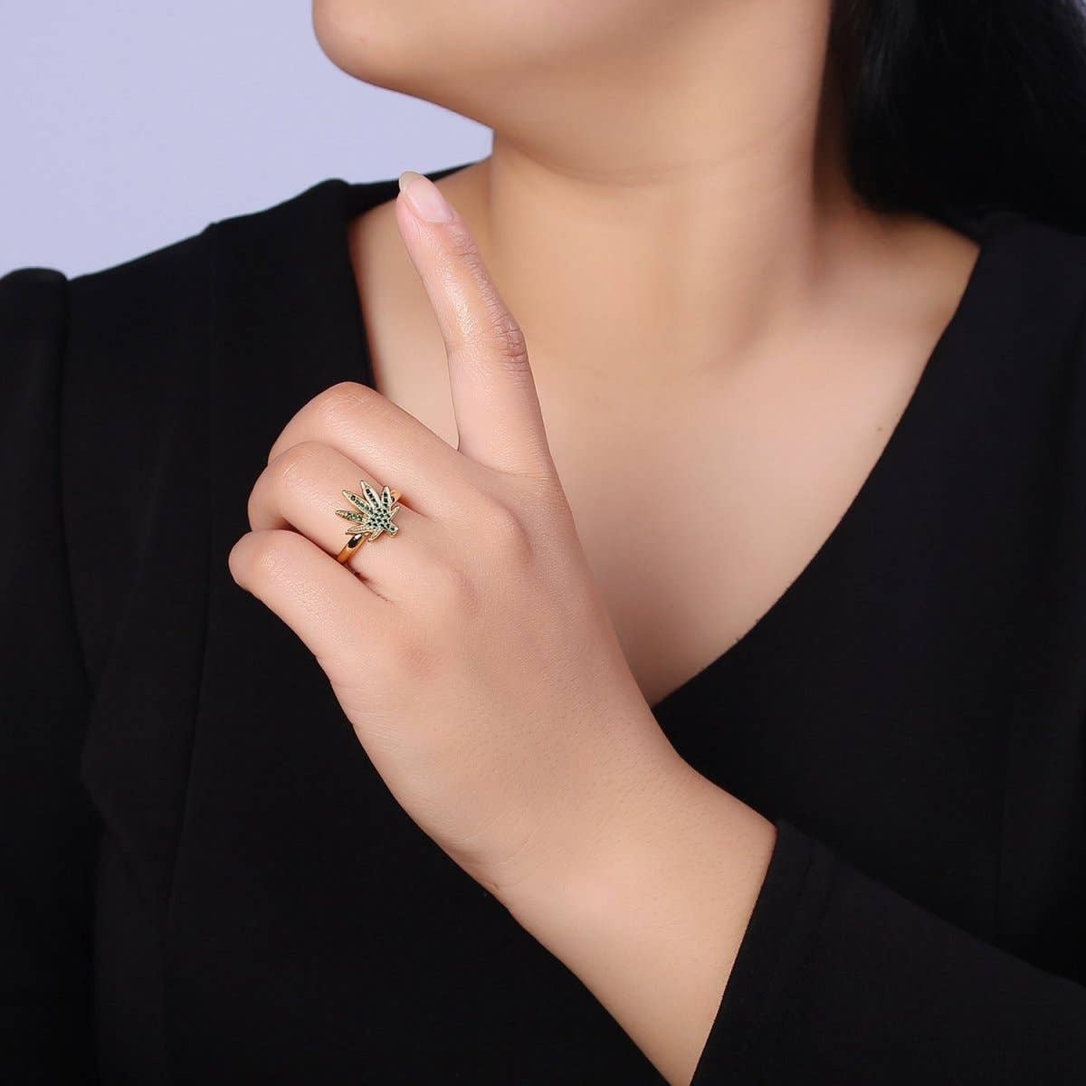 Aim Eternal - Wholesale Multi-Stone Ring - Gold Mary Jane Ring Green Weed Ring Open Adjustable Ring O-21591