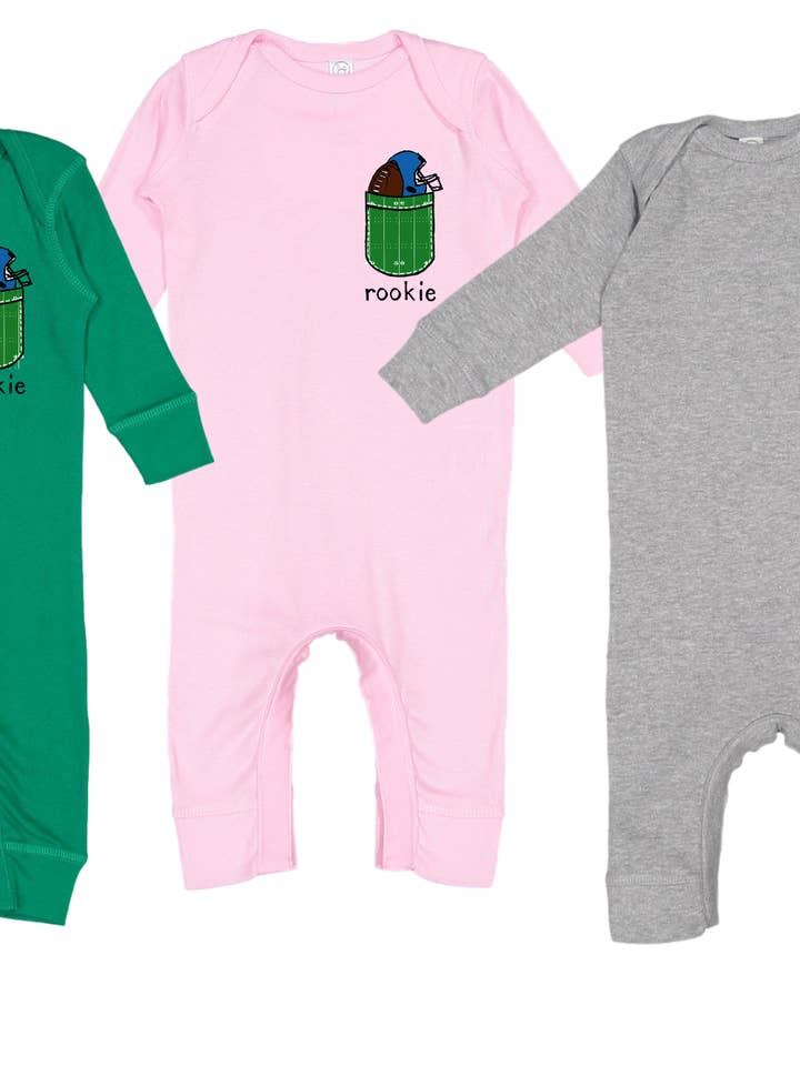 Football "Rookie" Long Sleeve Romper for wholesale by Poseys