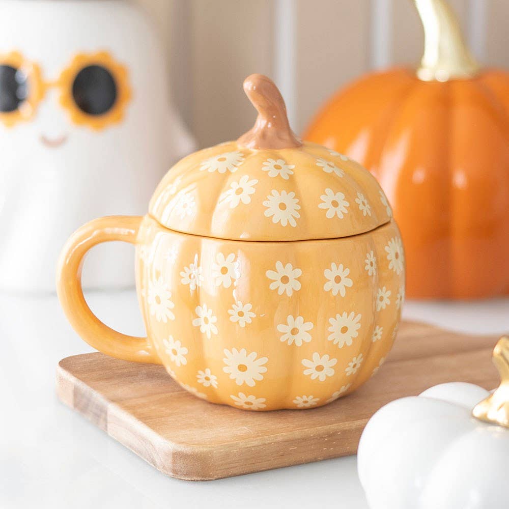 Something Different Wholesale - Wholesale Coffee Mug - Groovy Floral Pumpkin Shaped Lidded Mug