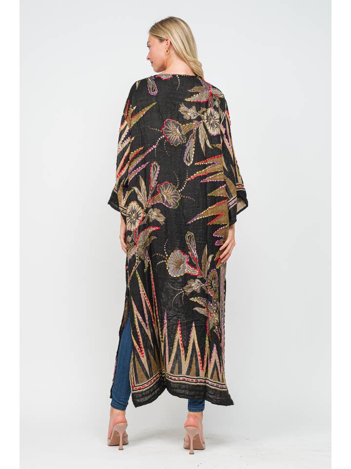 Raj Trading & Imports (USA) Inc. – wholesale Kimono – Women's – Meghan Black Thick Stitch Embroidered Duster2