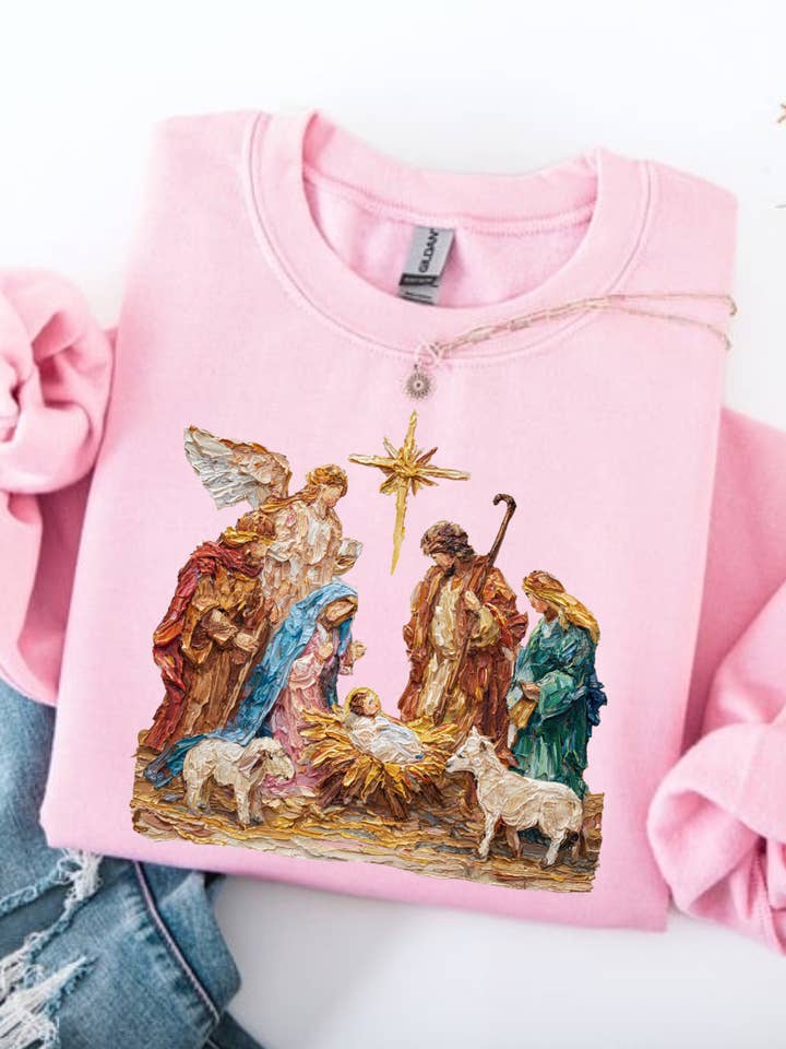 Posh Magnolia Boutique - Wholesale Graphic Sweatshirt - Women's - Nativity Scene Women's Christmas Sweatshirt, Religious Shirt1