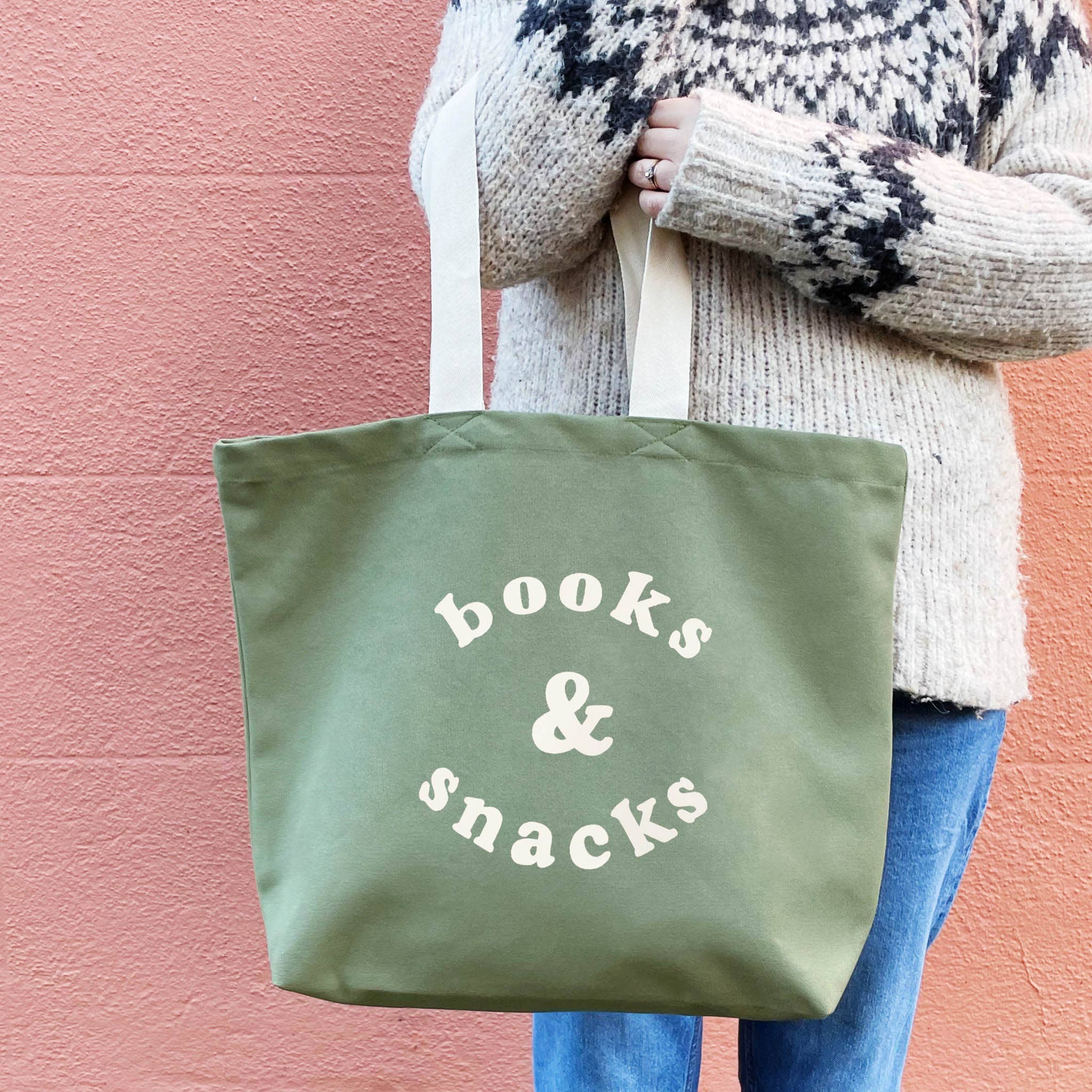 Alphabet Bags – wholesale Tote bag – Unisex – Books & Snacks - Olive Green Canvas Tote Bag3