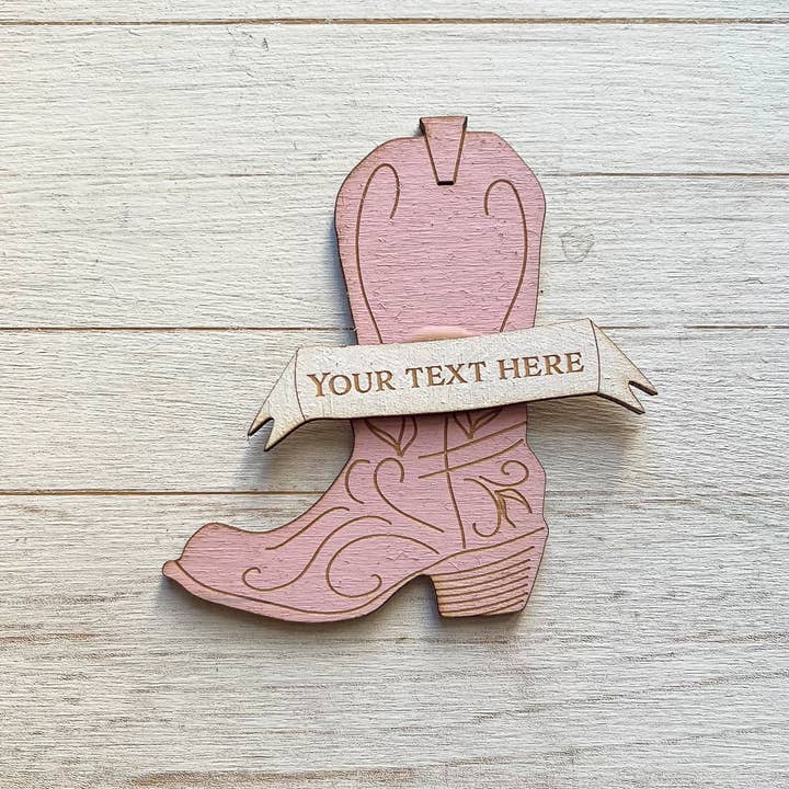 Pink Cowboy Boot Location Custom Engraved Magnet for wholesale by Gorgeous Little Bits Ltd