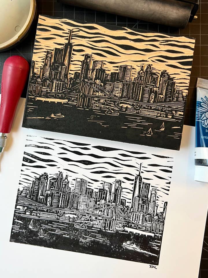 New York City Skyline Linoleum Print for wholesale by KatieMcKDesigns