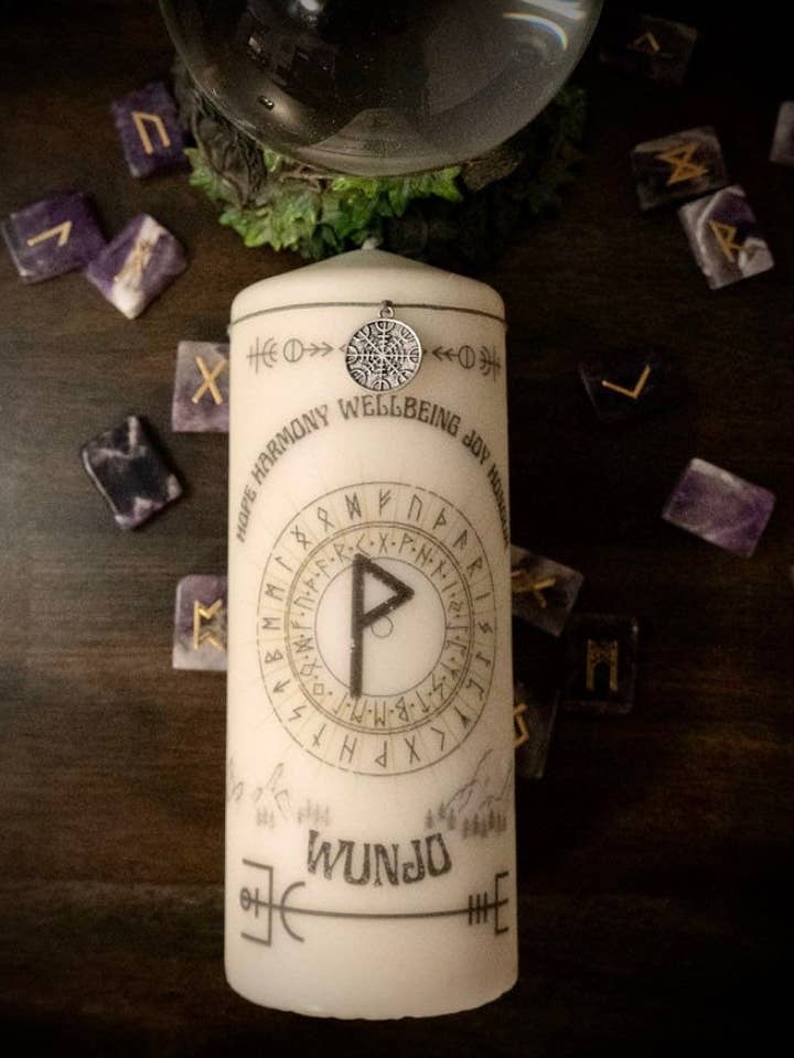Wunjo Rune Decor Candle for wholesale by Krimson Canvas