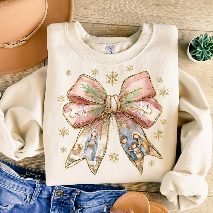 NVC Ecommerce LLC - Wholesale T-Shirt (Graphic) - Women's - Jesus Christmas Coquette Bow Sweatshirt, Baby Jesus Shirt1