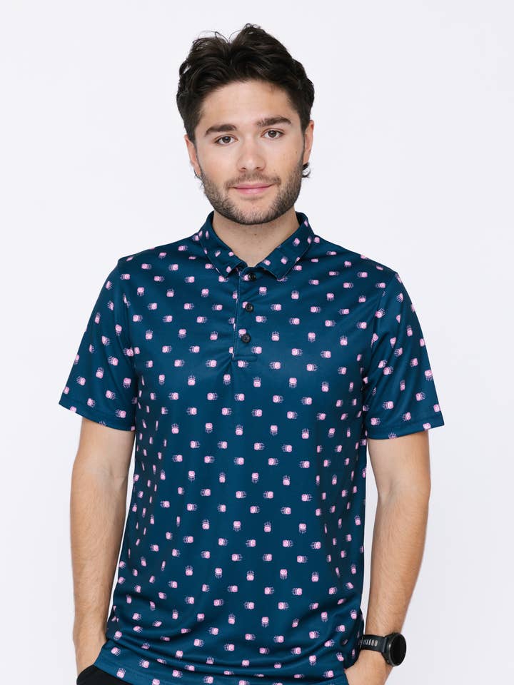 Polo pour homme - Patte d'ours Ditsy Onyx/Rose pour la vente par Nominou Designs