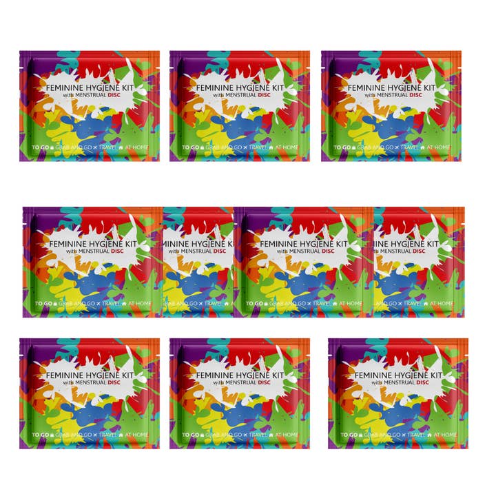Kit de disques menstruels avec serviette, lingettes et désinfectant pour les mains – Essentiels compacts pour les règles en déplacement (Éclaboussures de peinture) pour la vente par Kit U Safe