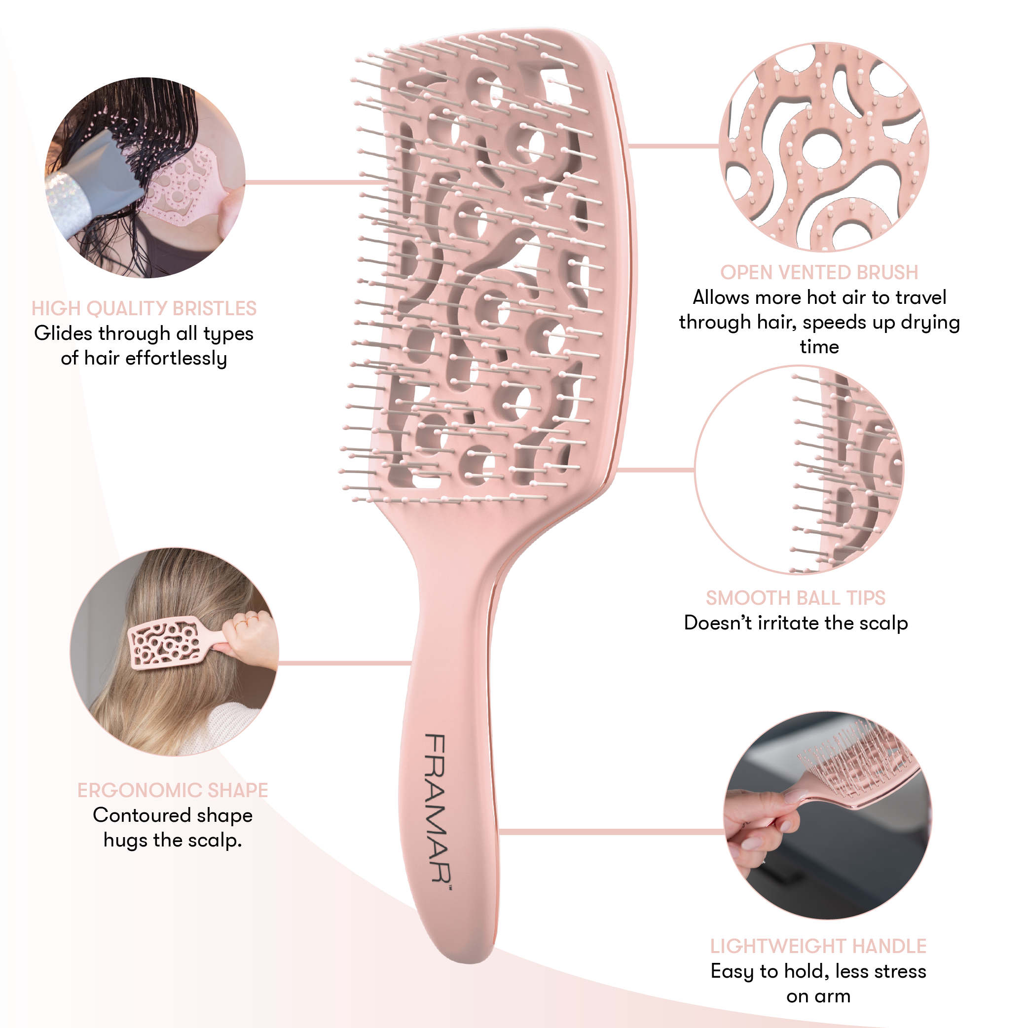 Framar Hair Brushes & Hair Accessories - Wholesale Hair Brush/Comb - FRAMAR Vented Hair Brush For Blow Drying, Vent Brush - Rosé6