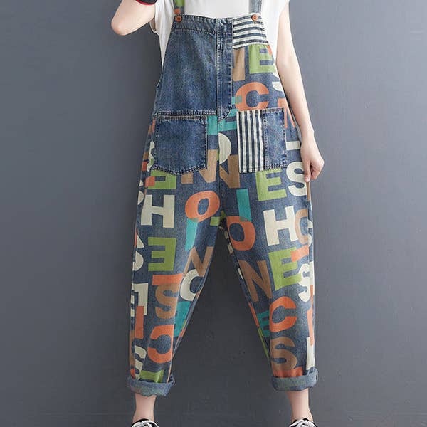 High Waisted Loose Asymmetric Buttoned Letter Print Pockets Split-Joint Striped Jumpsuits for wholesale by Plush Looks