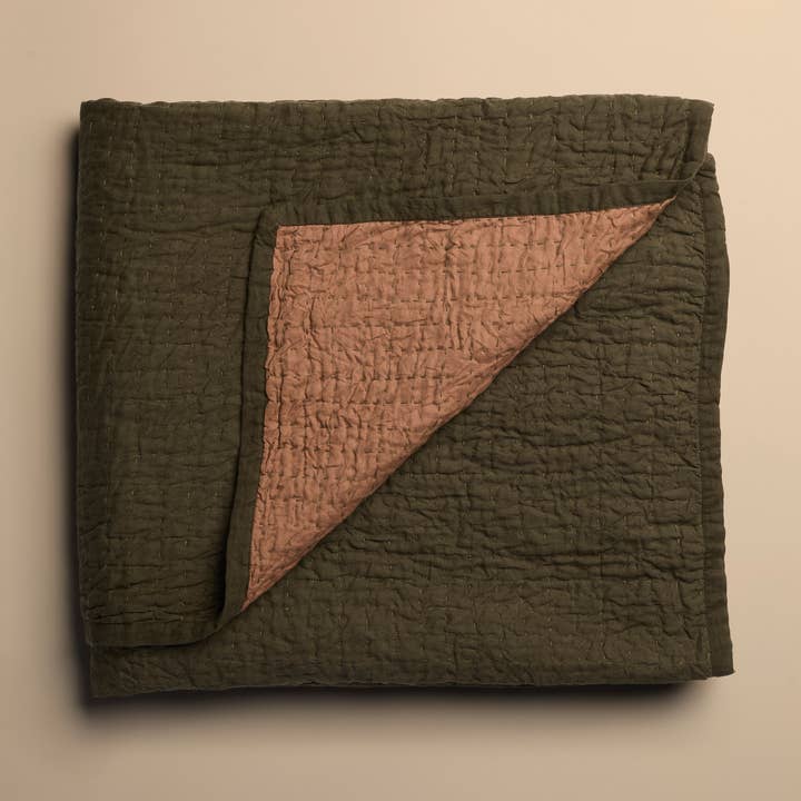 Jasper Quilted Hemp Blanket - Reversible Moss Green/ Copper for wholesale by Evenfall Home
