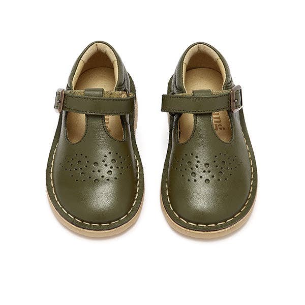 Young Soles - Wholesale Flats/loafers – Kids - Penny Velcro T-bar Shoe Olive Leather - KIDS1
