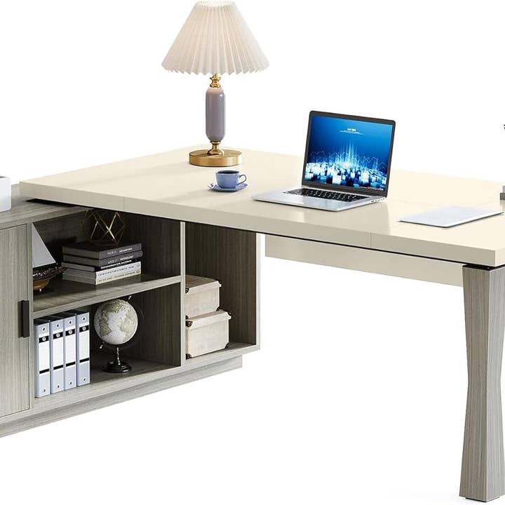 79 Inch L Shaped Desk Gray Cream White With Storage for wholesale on Faire8