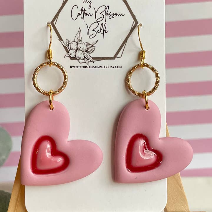 Pink and Red, Embossed Heart, Lightweight Clay Earrings for wholesale by My Cotton Blossom Belle