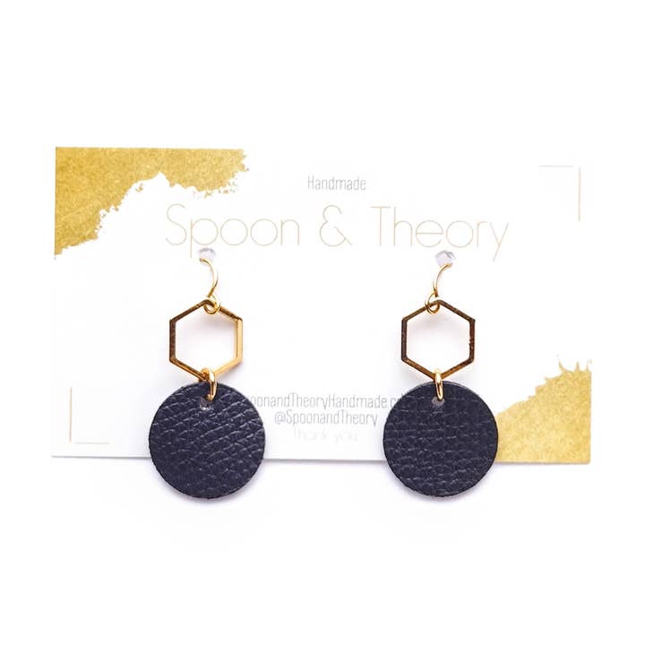 Spoon & Theory Handmade - Wholesale Dangle Earrings - Zuri Black Leather Hexagon Tiny Dangle Earrings
