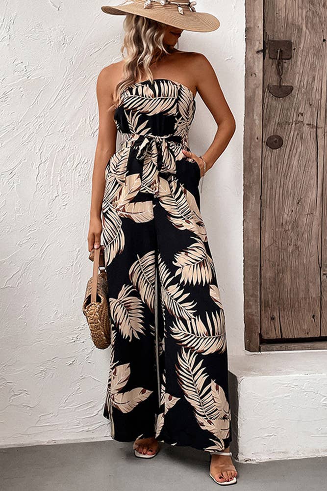 Nero Tuta a gamba larga con stampa a foglie di palma nera BFZY544 in vendita all'ingrosso su Faire1