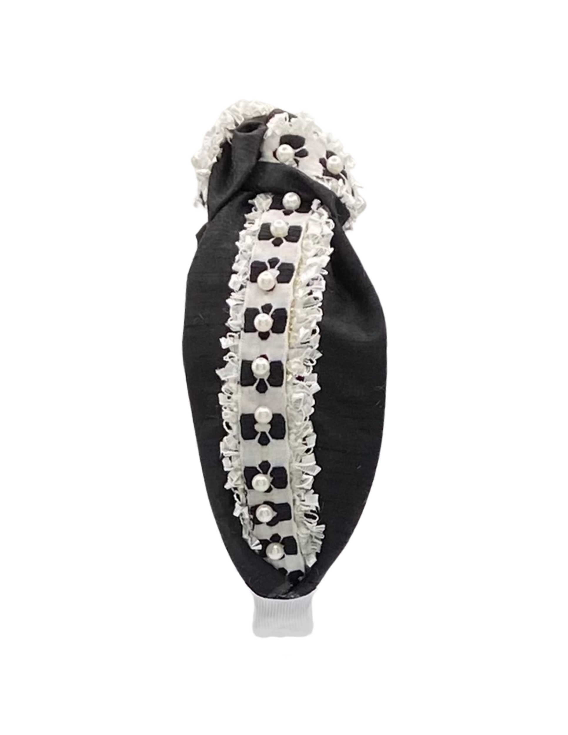 Pretty Happies - Wholesale Fashion Headband - Women's - White with Black Flower and Pearls on Black Silk1